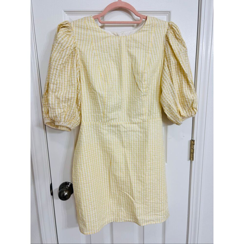 English Factory Metallic Gingham Puffed Sleeve Mini Dress Yellow White Small